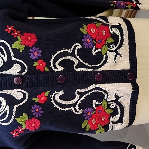 HERMAN GEIST hand embroidered coastal granny cardigan sweater size large blue - Picture 3 of 16